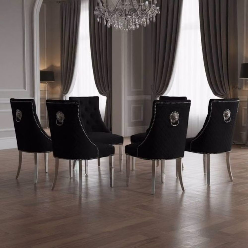 Home Luxe Interior Set of 6 Minister Black Brushed Velvet Lion Knocker Dining Chairs with Pearl Details – 4