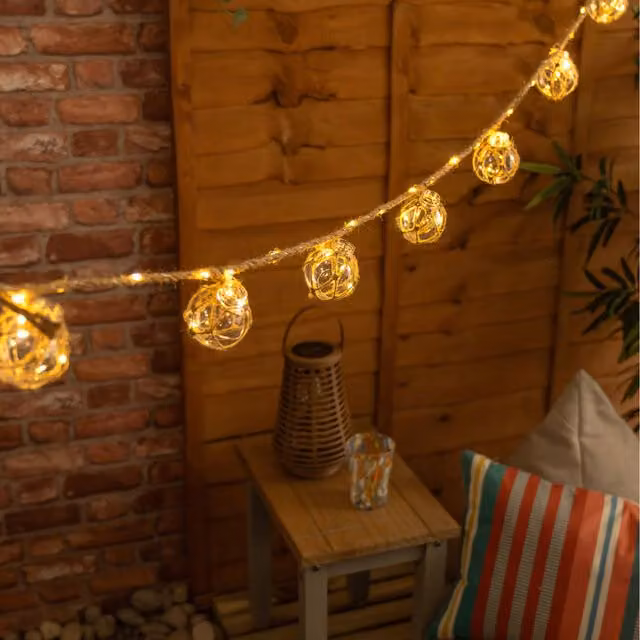 ValueLights 8pc Brown Wicker Ball Solar LED String Lights with Warm White Sphere Bulbs