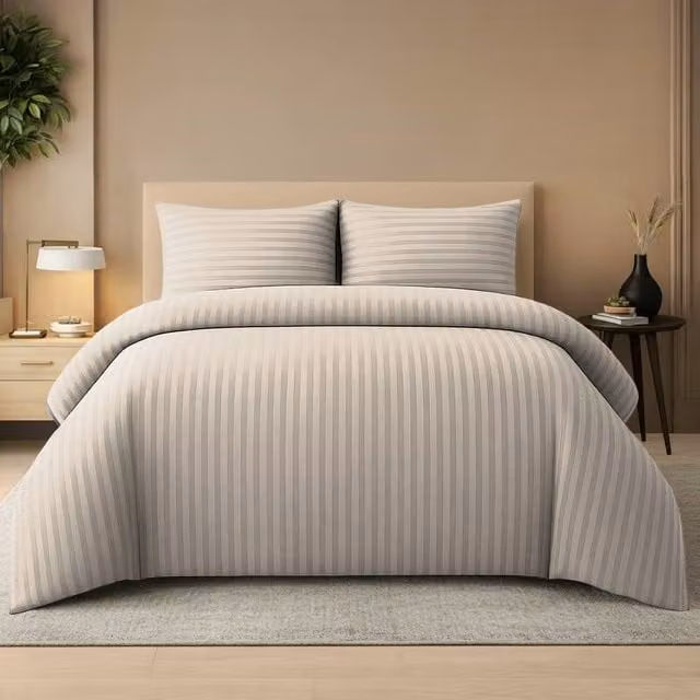 Lazzaro Home Reversible Striped Brushed Microfibre Duvet Cover and Pillowcase Set, Beige, King Size (220 x 230 cm) – 1