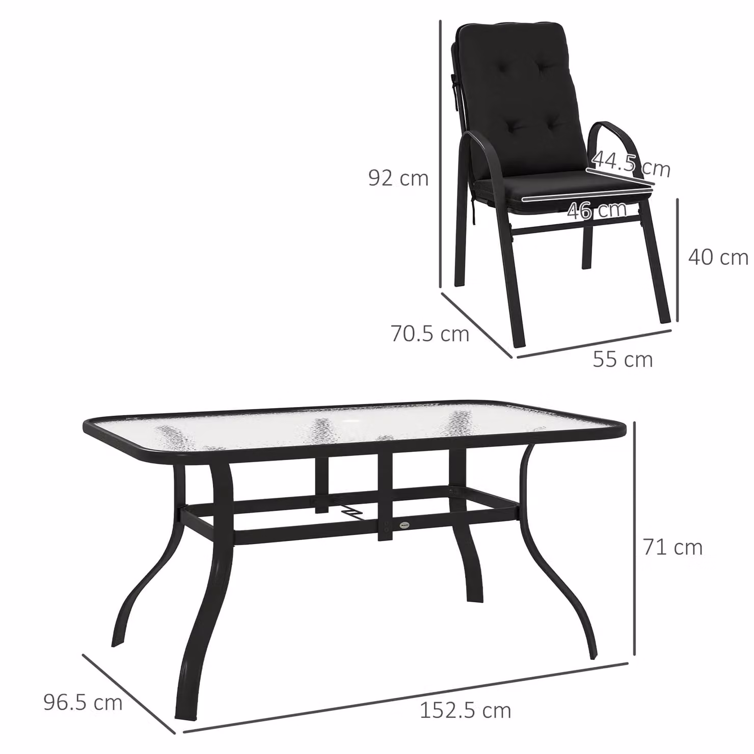OUTSUNNY 7 Piece Modern Garden Dining Set with Glass Table and Cushions, Black – 3
