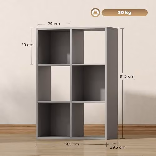 HOMCOM Modern 6-Cube Freestanding Bookshelf in Light Grey, W/D/H: 91.5 x 29.5 x 61.5 cm – 3