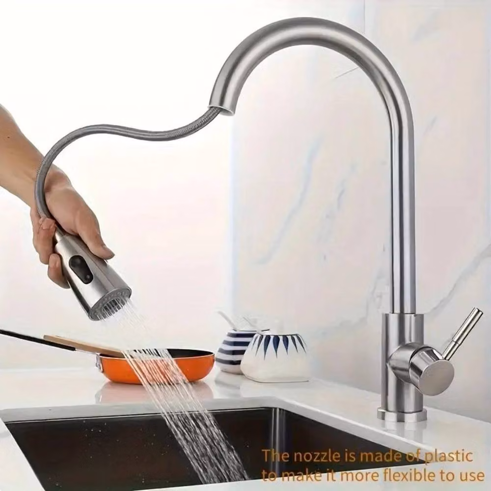 KORVIXA Silver Single Lever Kitchen Sink Mixer Tap with Pull Out Spray Spout in Brushed Steel – 2