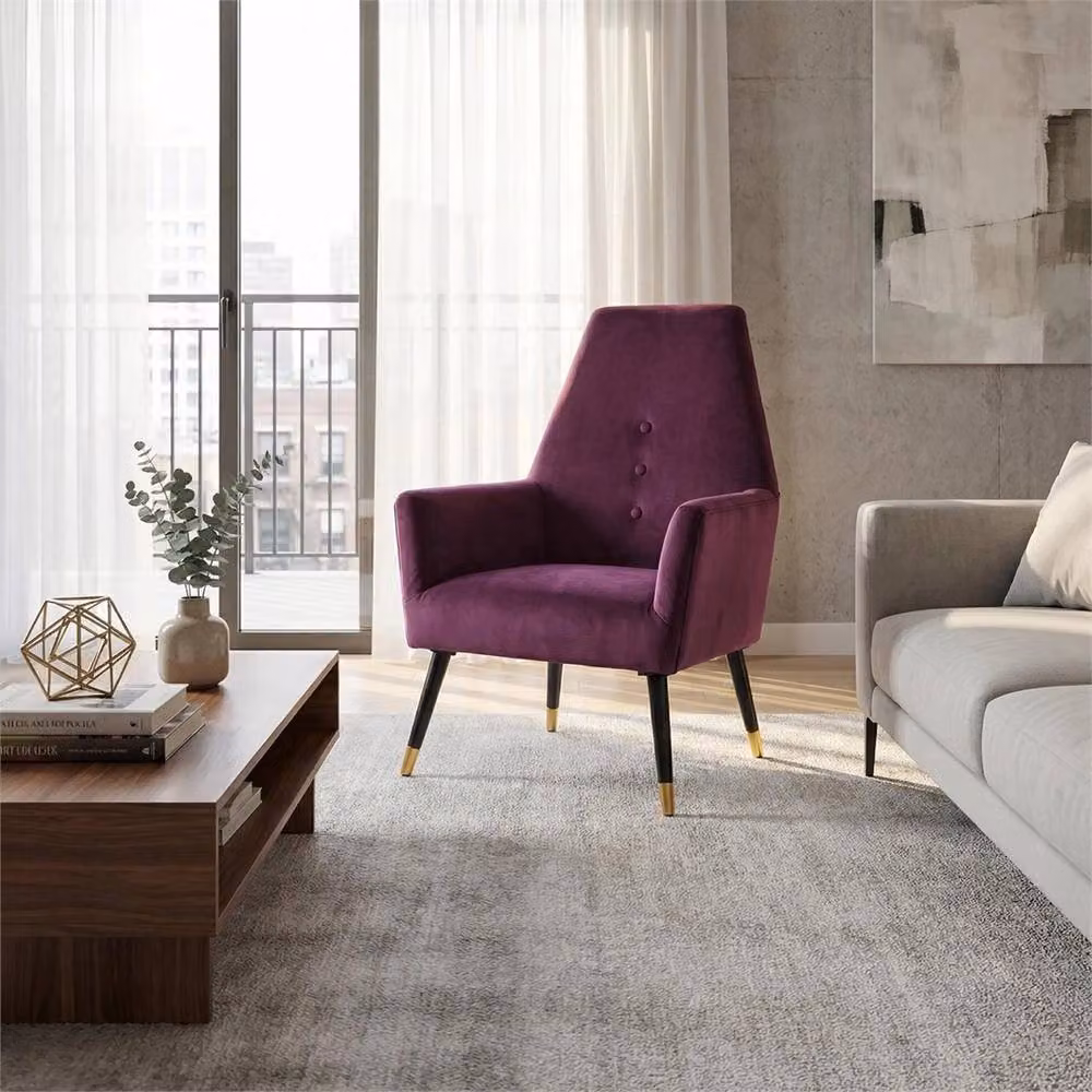Ventryn Velvet Buttoned Back Accent Armchair with Armrests in Wine Red – 4