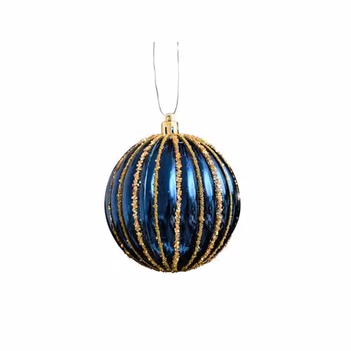Melody Maison Set of 2 Blue and Gold Striped Glitter Hanging Christmas Baubles, Diameter: 8 cm – 3