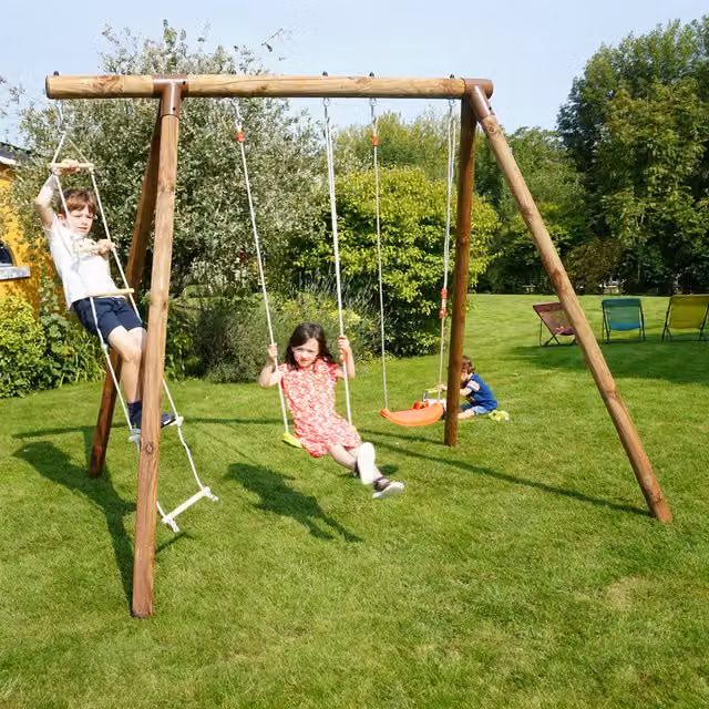 Soulet Arthur Double Wooden Swing Set with Rope Ladder in Brown