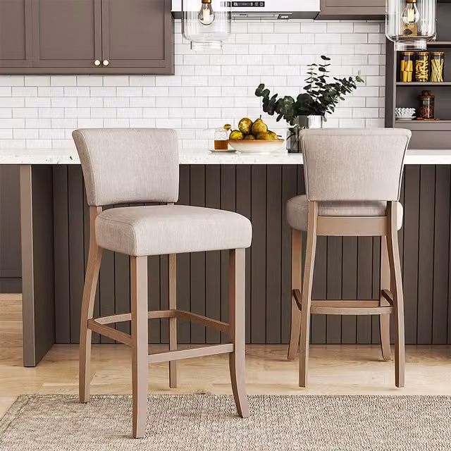 Livingandhome Set of 2 Modern Linen Bar Stools with Solid Wood Legs and Footrest in Beige White