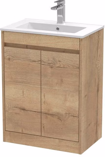 Balterley Modern 2 Door Freestanding Bathroom Vanity Unit with Basin and LED Lighting in Autumn Oak Brown, W/D/H: 62.0 x 39.5 x 83.5 cm