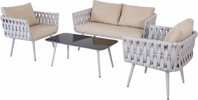 SHG Wilton Rope Design Aluminium 4 Seater Sofa Set in Grey, Cream and Beige