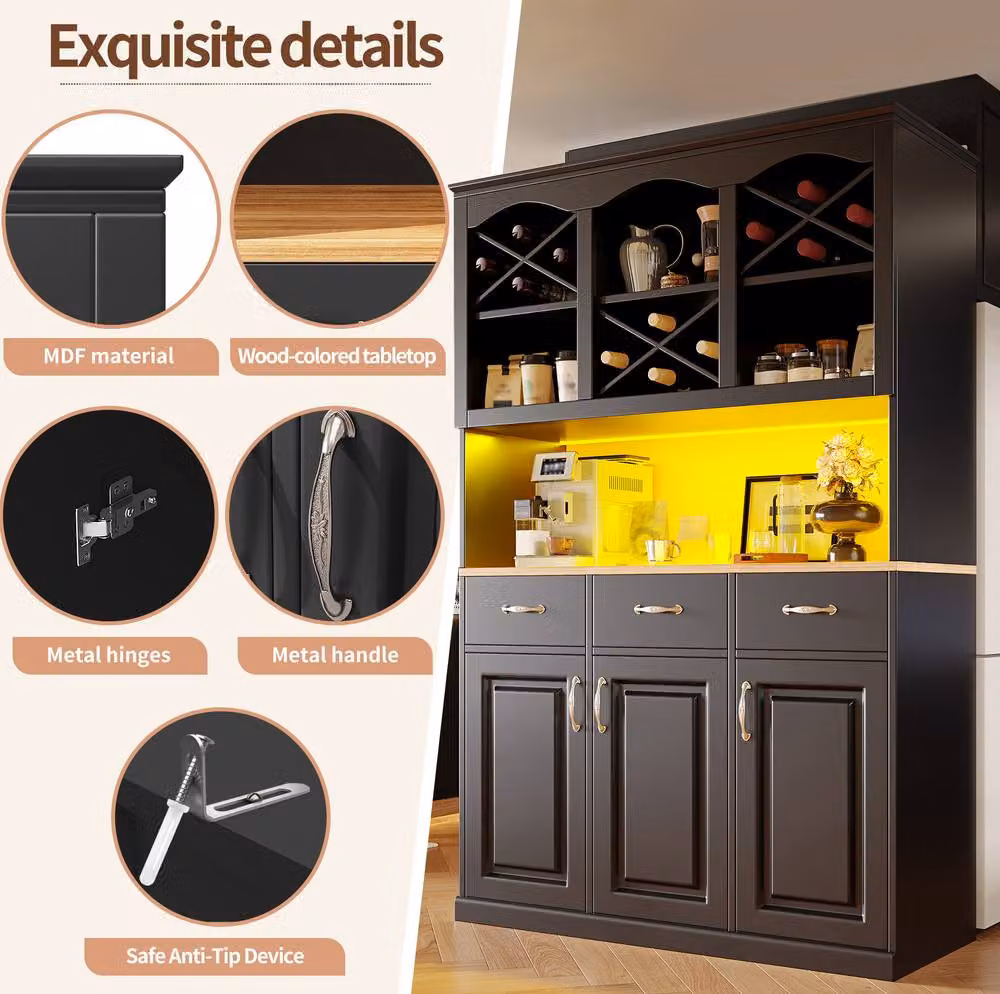 STILVORA Black Matt Tall Kitchen Cabinet with 3 Drawers, Hinged Doors and Integrated Lighting – 6