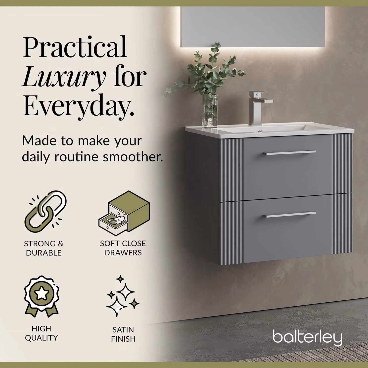 Balterley Wall Hung 2 Drawer Vanity Unit with Minimalist Basin, Satin Grey, Width: 60 cm – 2