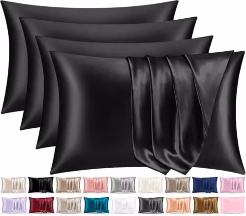 Pamposh Grace Satin Silk Pillowcases with Envelope Closure, Pack of 4, Black and Blue, W: 50 cm x L: 75 cm – 1