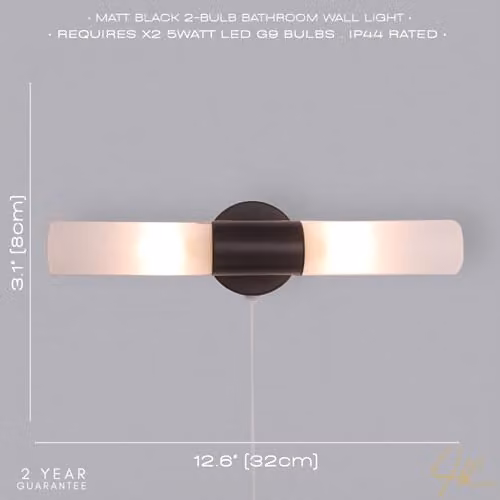 Happy Homewares Modern Matte Black IP44 Rated Bathroom Wall Light Fitting with Tubular Glass Shades, W/D/H: 32 x 10 x 8 cm – 2