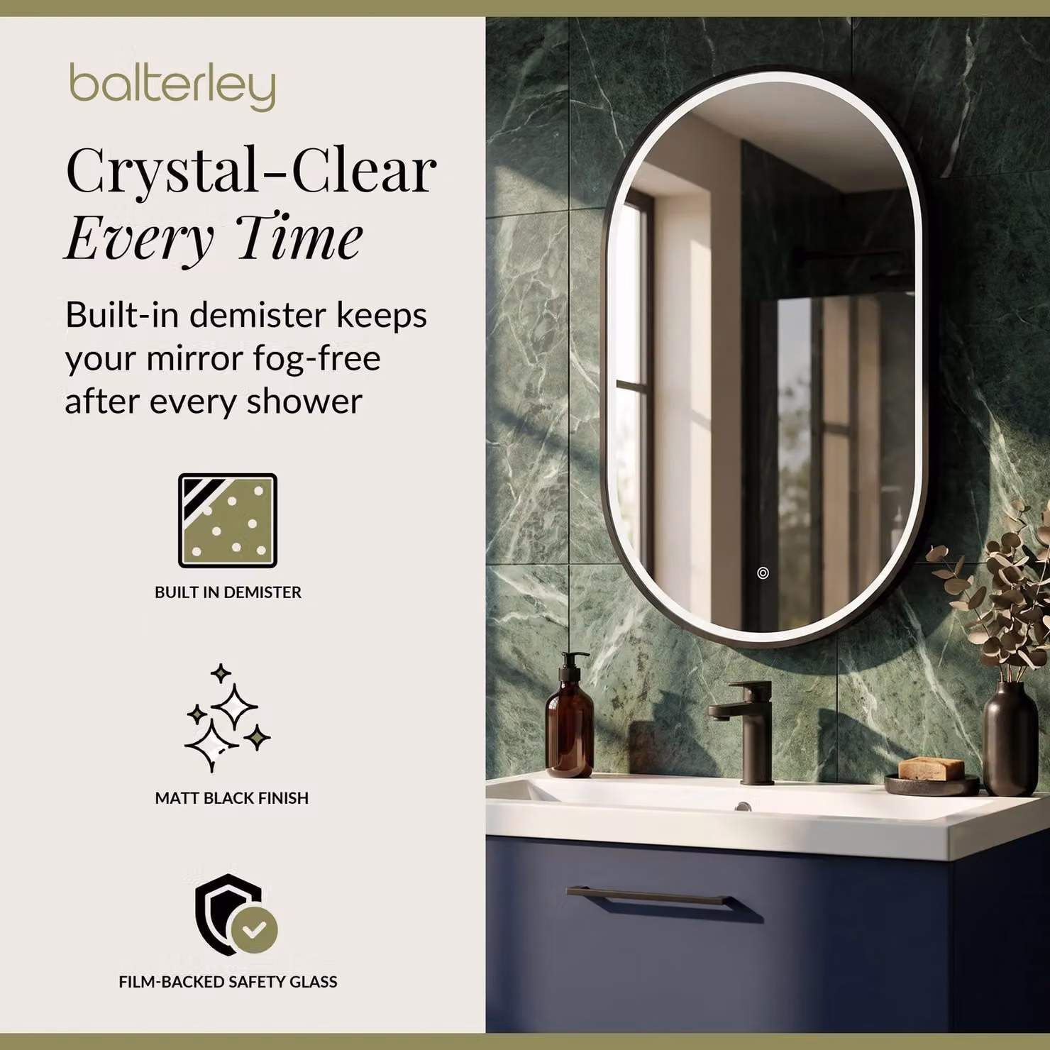 Balterley Oval LED Bathroom Mirror with Demister and Touch Sensor, Black, W: 50 cm, H: 80 cm – 2