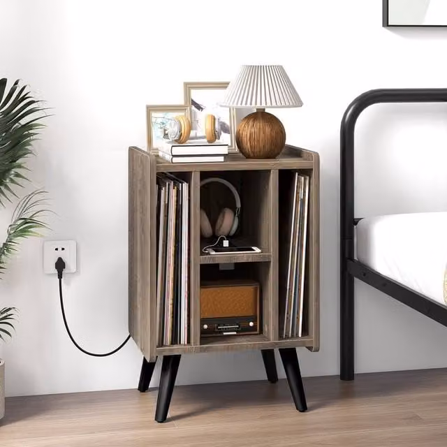 Costway Record Player Stand and Vinyl Record Storage Side Table with Power Outlet in Grey