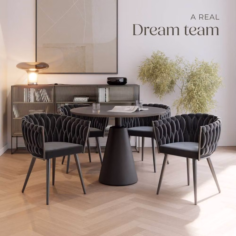tectake Astano Dining Chair Set of 4, Black Velvet with Metal Frame and Knot Design – 7