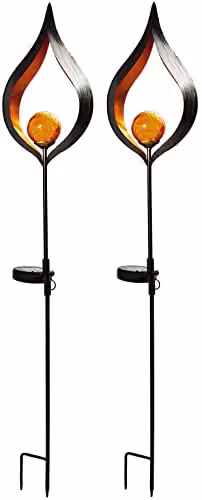 mysmartbuy 2 x Aura Flame Globe Stake Lights, Solar Powered Zen Style Metal LED Outdoor Garden Lights in Black and Gold, H91 x W16.8 x D7.2 cm – 2