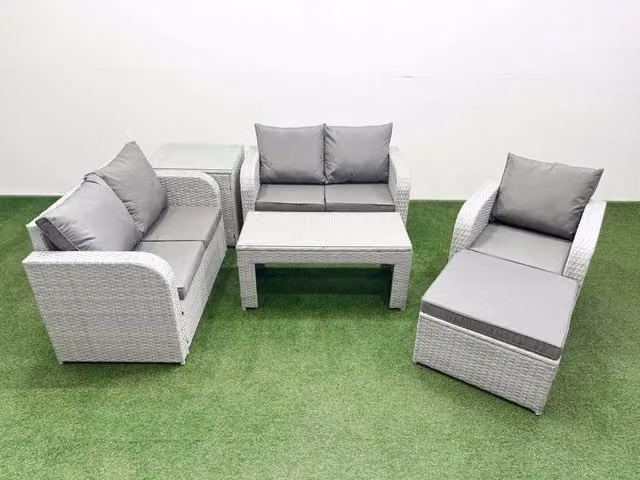 Fimous Grey Poly Rattan Garden Furniture Set with Reclining Chair, Loveseat Sofa, Oblong Coffee Table and Side Table
