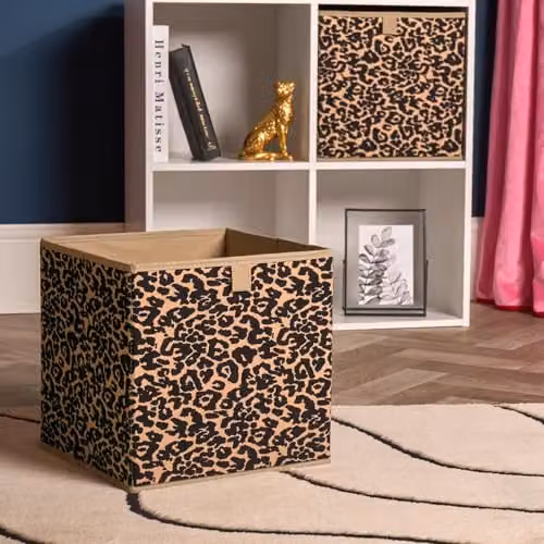 OHS Set of 2 Leopard Print Fabric Storage Cubes in Brown and Multicolour, Foldable with Handles, W/D/H: 27.0 x 27.0 x 27.0 cm – 2