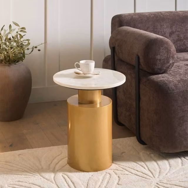 Wyld and Coco White Marble Round Side Table with Gold Metal Base, Diameter: 40 cm
