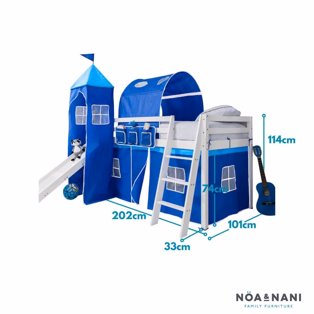 Nöa and Nani Moro Cabin Bed with Slide, Blue Tent, Tower and Tunnel in White and Blue, Solid Pine Wood, W/D/H: 90 x 190 cm – 4