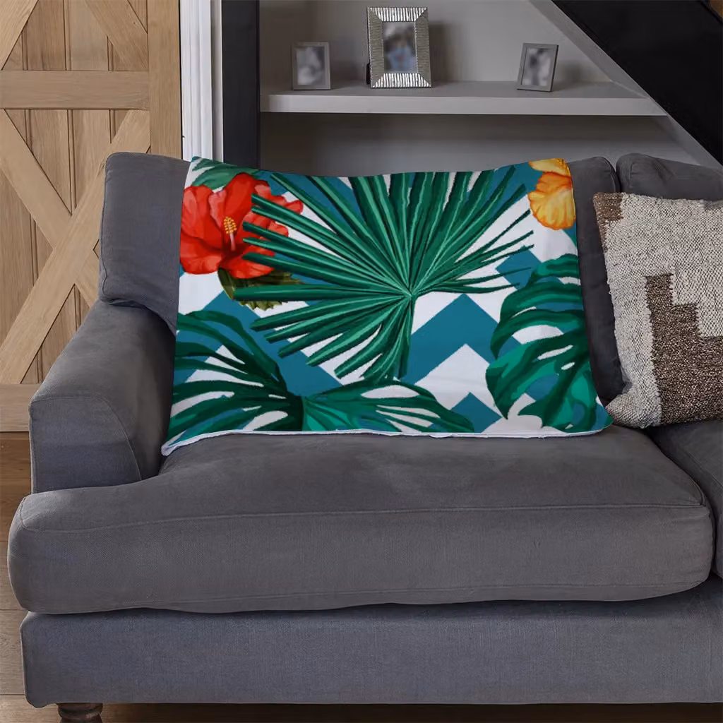 Benjamin Tate Design Tropical Leaves and Geometrics Fleece Blanket in Green, Sand and Multicolour, W/D/H: 120 x 150 cm – 3