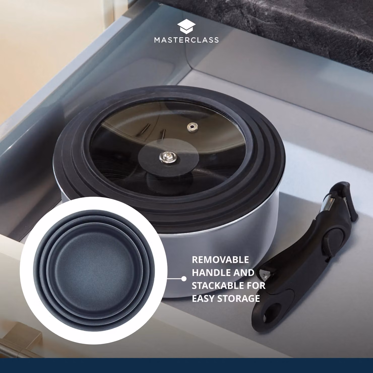MasterClass Smart Space Set of Three Stacking Induction-Safe Non-Stick Aluminium Pans in Grey or Black – 8