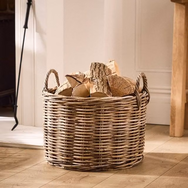 Dibor Traditional Round Rattan Log Basket with Handles, Grey, H: 35 cm, L: 48 cm, W: 48 cm