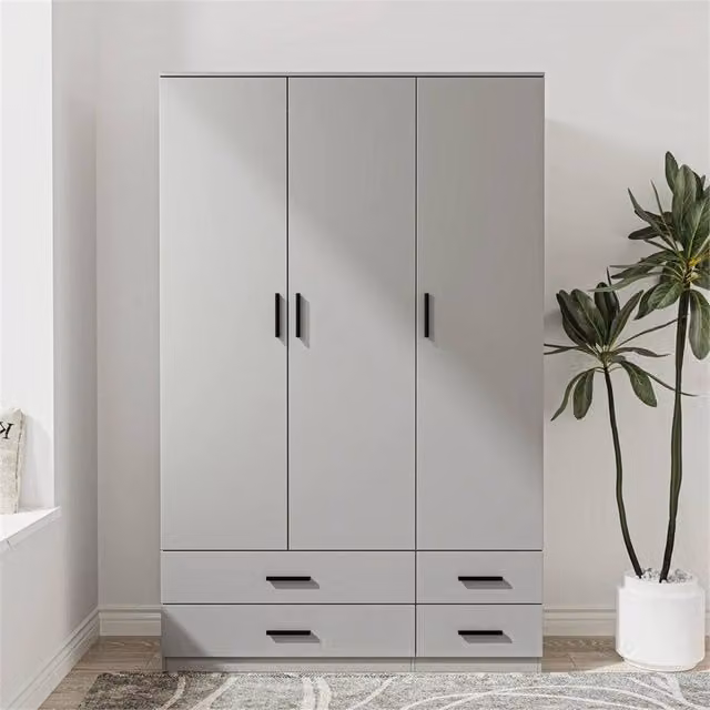 FORGEVIO Modern Grey 3 Door 4 Drawer Wardrobe with Integrated Drawers and Hanging Rod