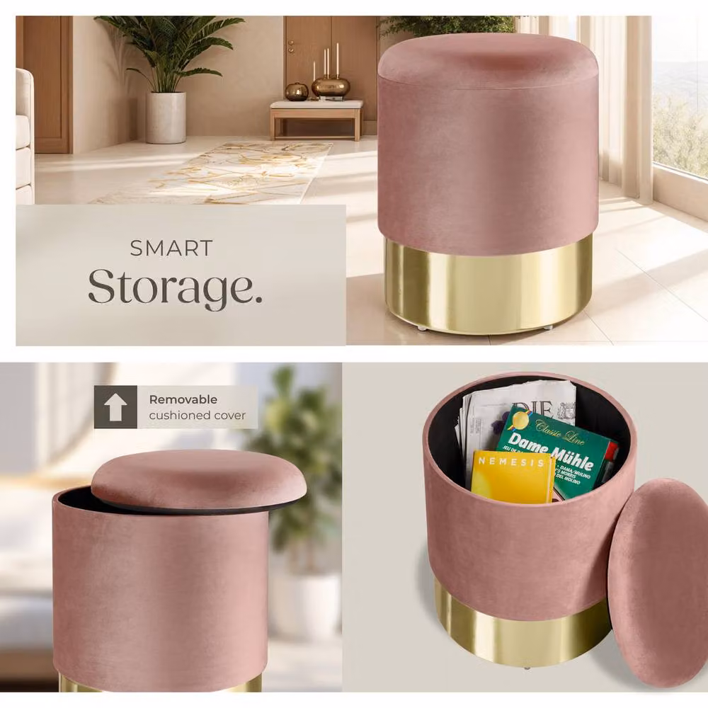 tectake Sarina Round Padded Velvet Stool with Storage Space in Pink – 5