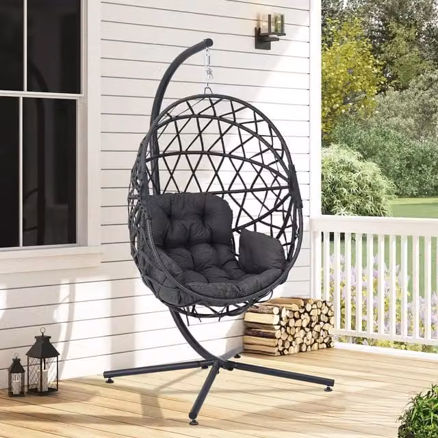 Livingandhome Modern Foldable Hanging Egg Swing Chair with Weatherproof Cushion in Anthracite Grey