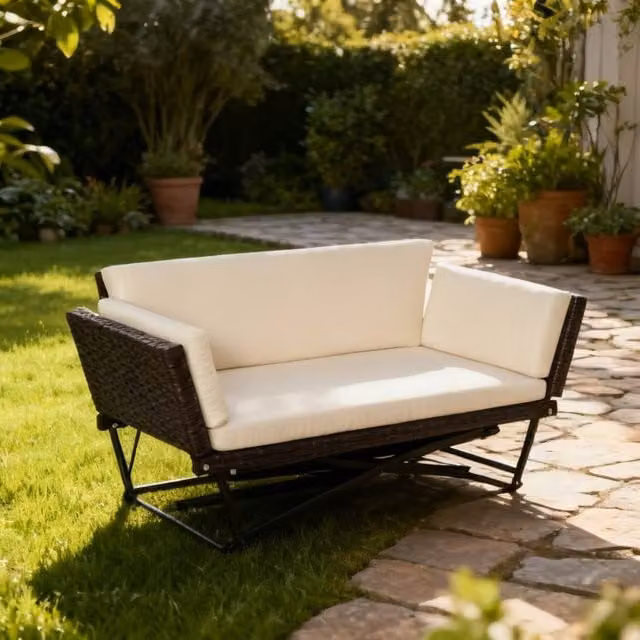 ERGOVEXA 2-Seater Rattan Convertible Sofa Daybed with Armrests, Brown and White, W/D/H: 220 x 67 x 60 cm