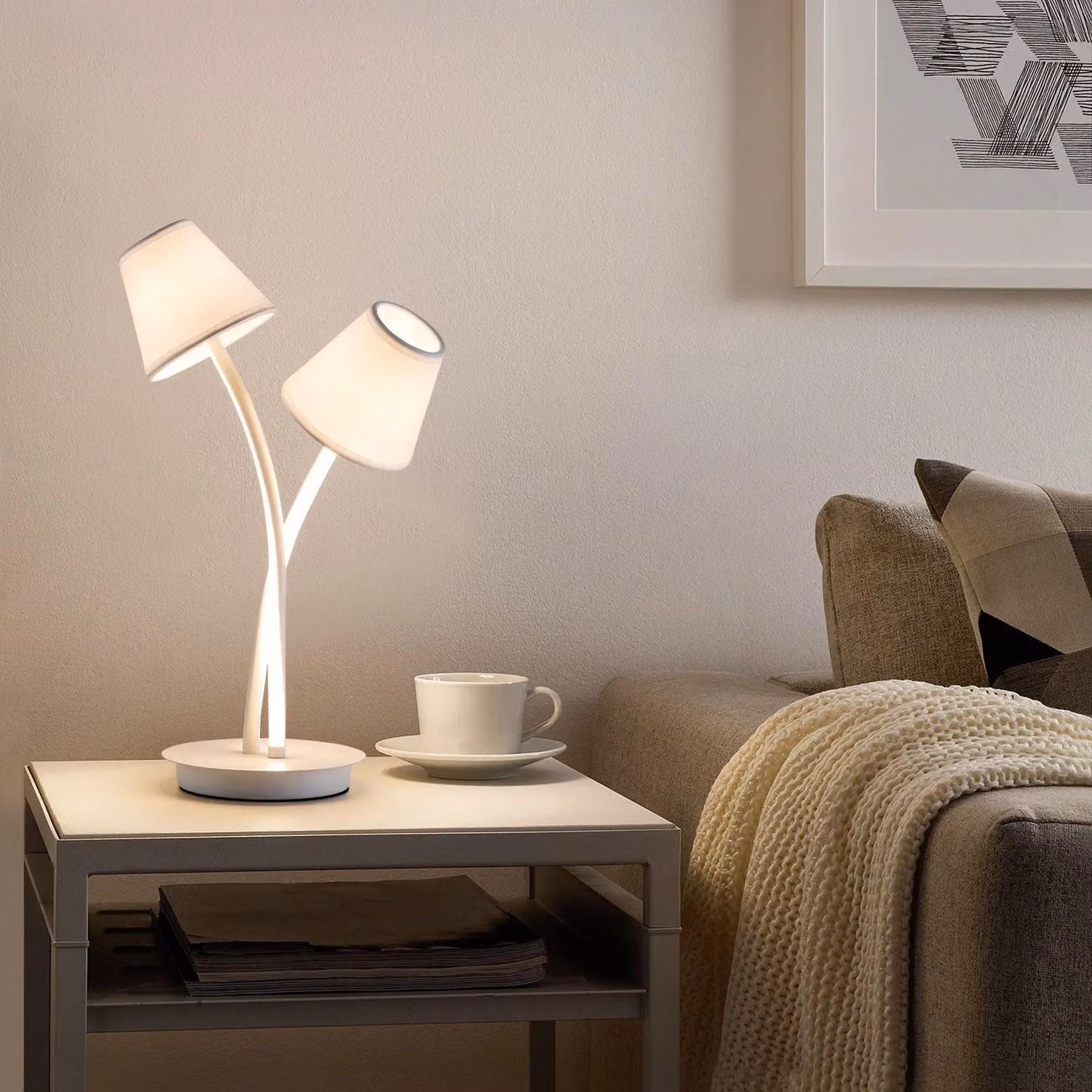 Harper Living LED Bedside Table Lamp with 2 White Vintage Fabric Lampshades – 2