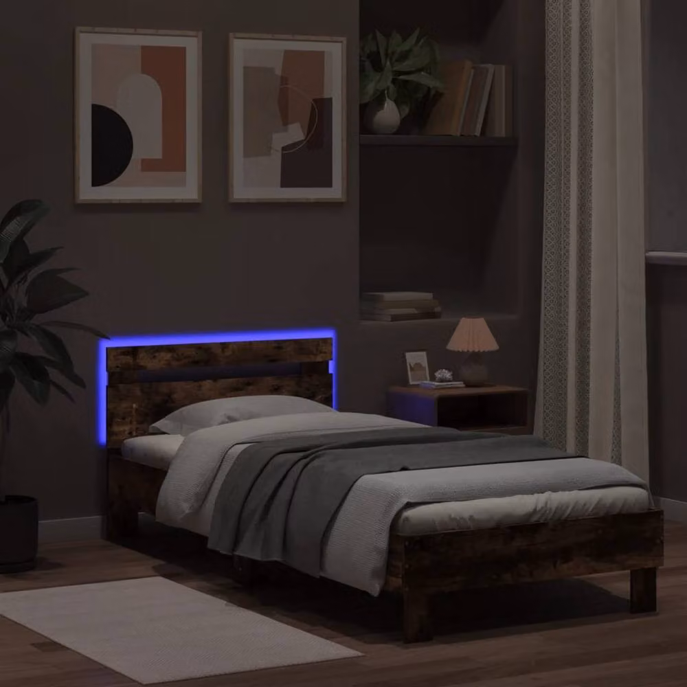 Berkfield Home Modern Bed Frame with LED Lights and USB Charging Port in Smoked Oak Brown, W: 90 cm, L: 200 cm – 4