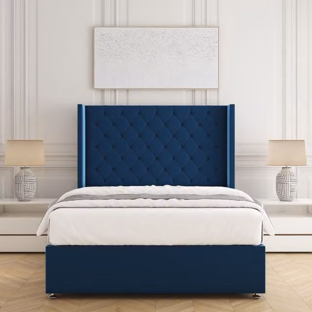 BSSPOKE Winchester Double Divan Bed Set with 54 inch Headboard and Mattress in Blue Plush Velvet, W/D/H: 140 x 200 cm