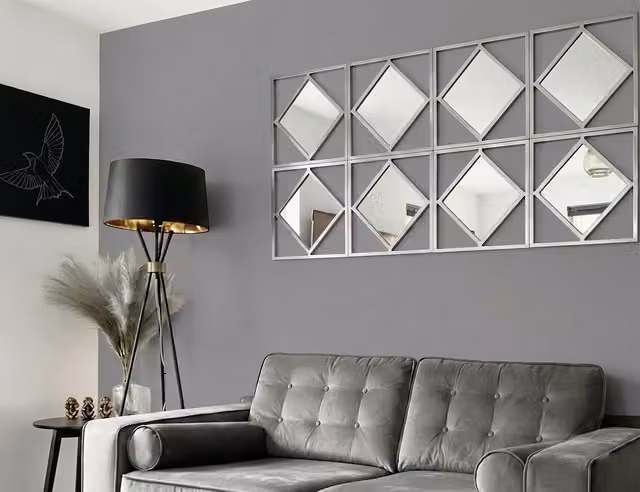 DEENZ Set of 3 Silver Geometric Square Frame Wall Mirrors, Diameter: 40 cm