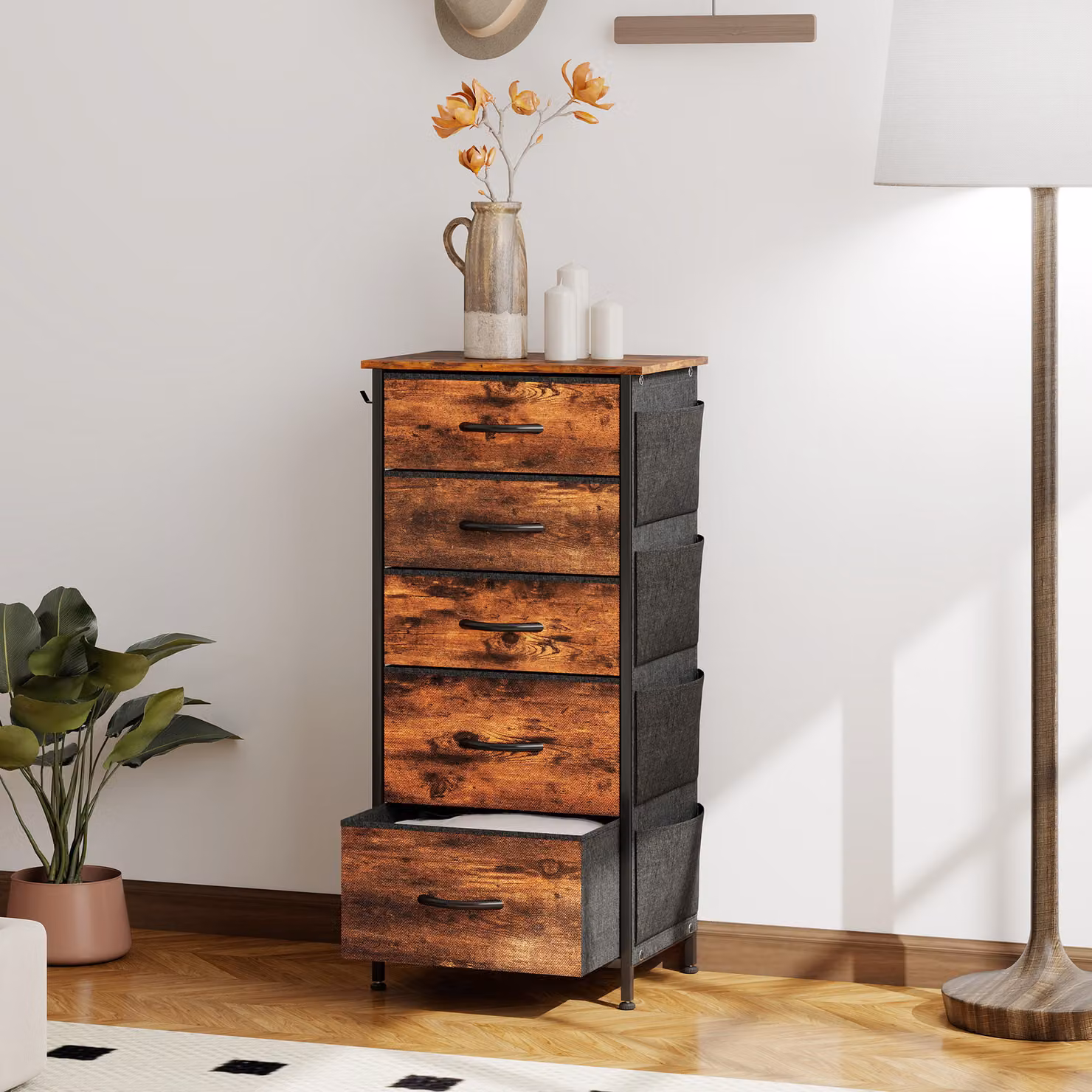 HOMCOM Chest of Five Fabric Drawers in Rustic Brown – 2