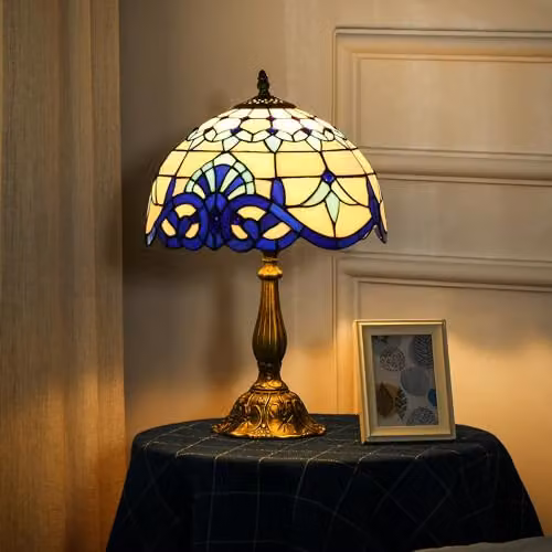 HOMCOM Tiffany Stained Glass Table Lamp in Blue with Antique Copper and Gold/Brass Finish – 2