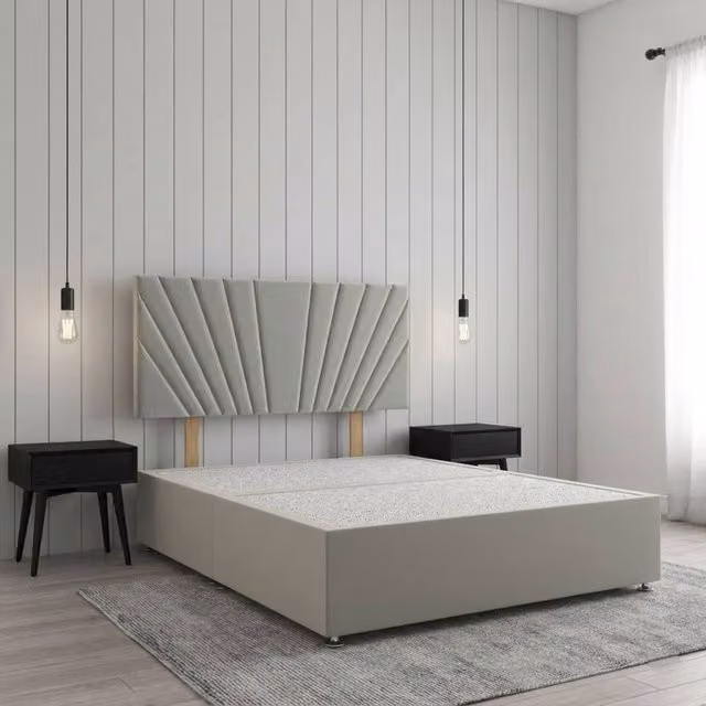 Regional Furnishings Single Divan Bed Base with 24 inch Headboard in Silver Plush Velvet