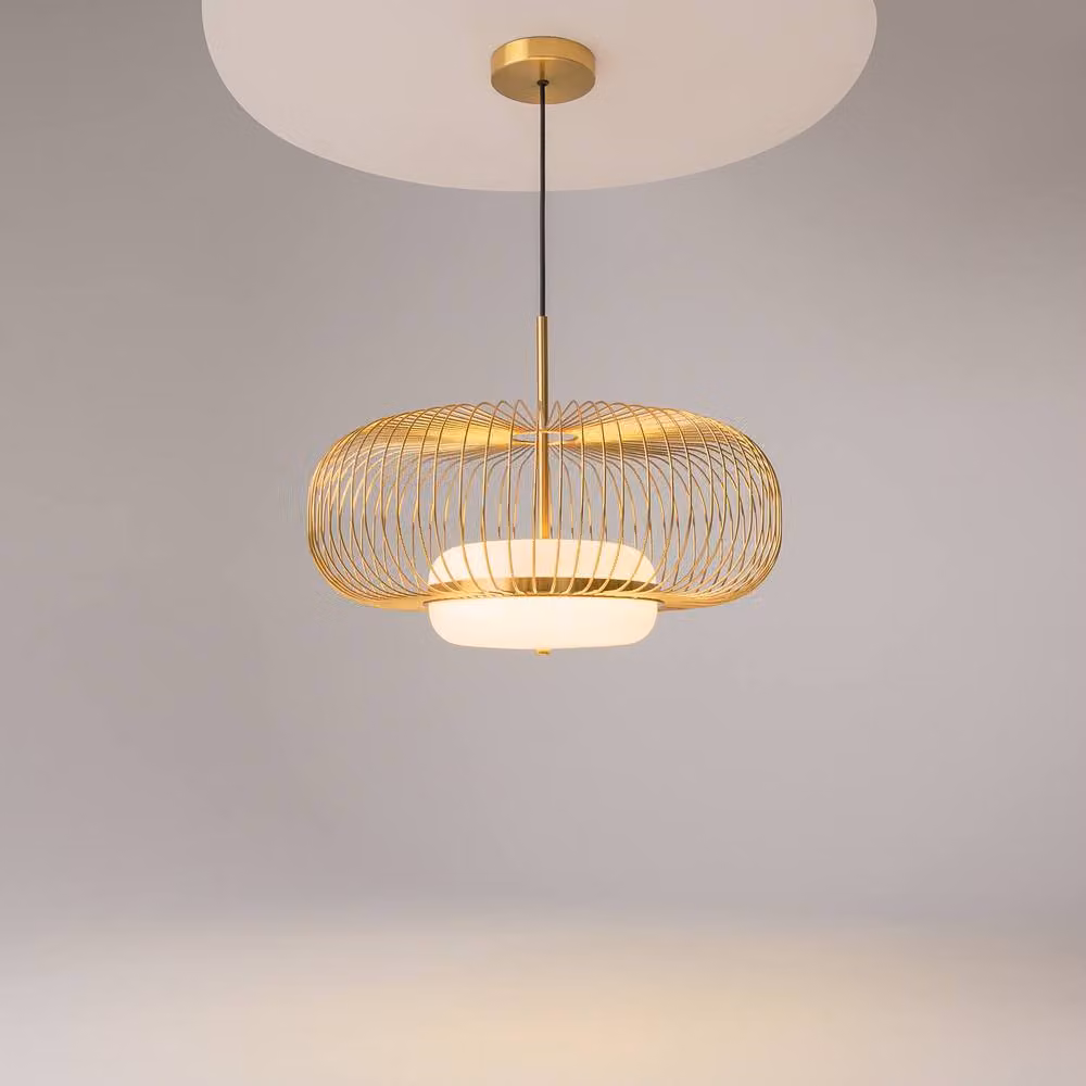 Netlighting Levitation Modern Wire Frame Pendant Light in Gold and Brass with White Shade, 500lm, 3000K Warm White LED – 2