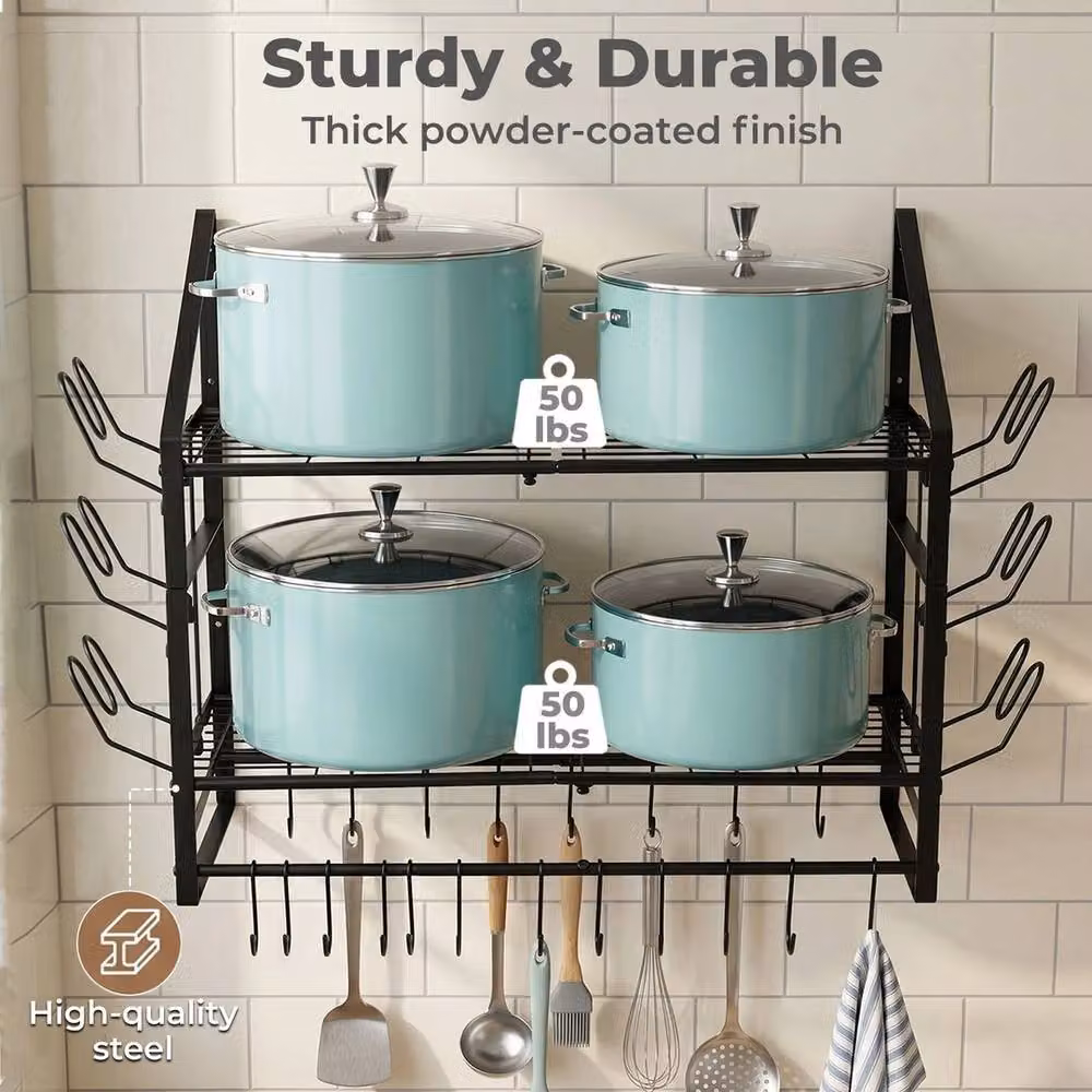VOGREX Black Metal Kitchen Pot Pan Rack and Lid Holder Storage Organiser with 20 Hooks – 2