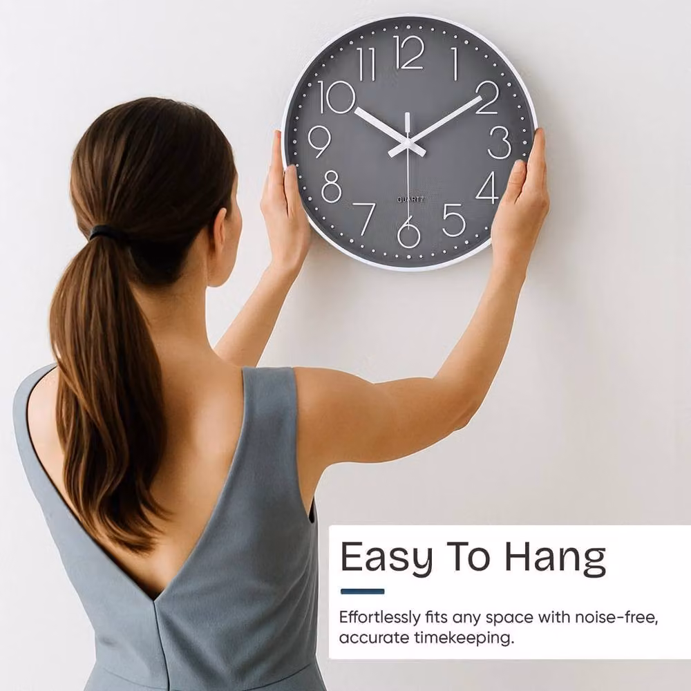PAWNORA Grey Silent Round Quartz Wall Clock, Diameter: 30.48 cm – 4