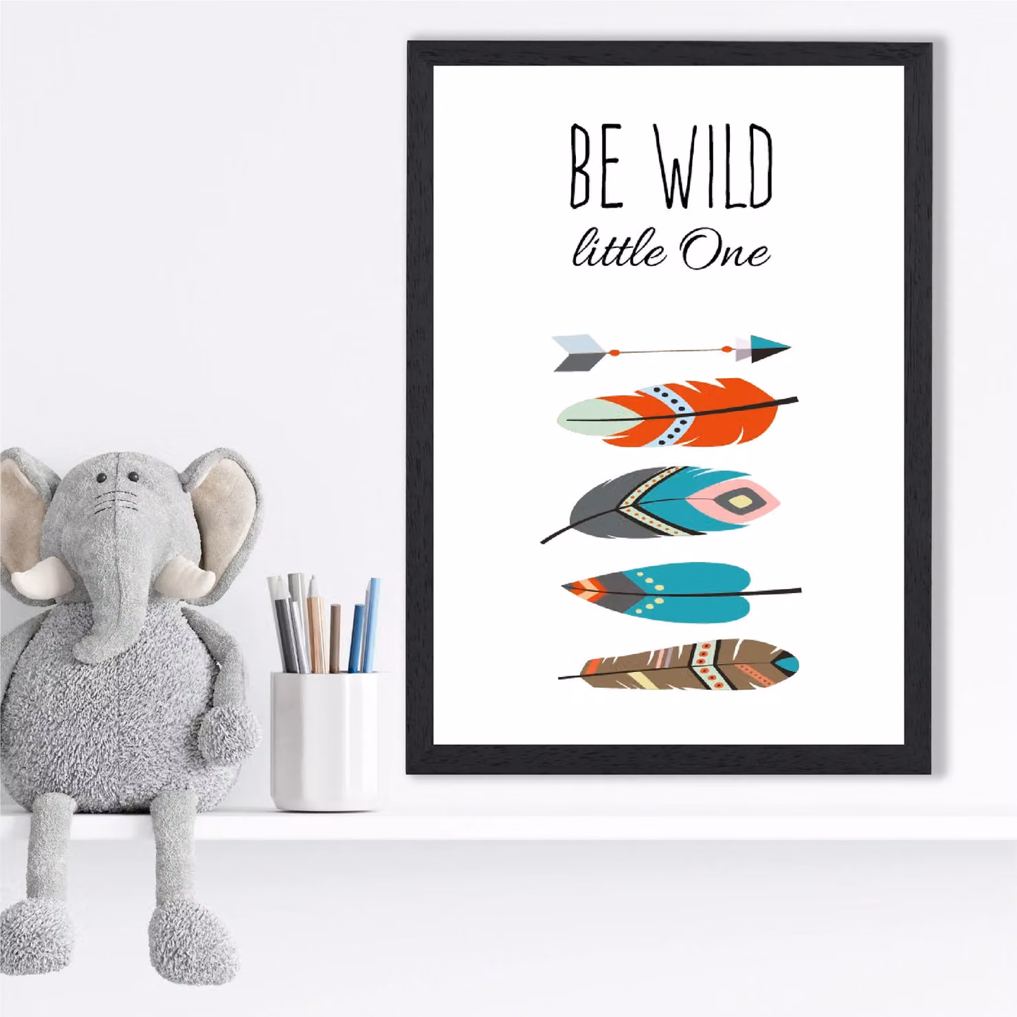 ARTZE Be Wild Feathers Tribal Quote Framed Print, Red and Black, A2 – 2