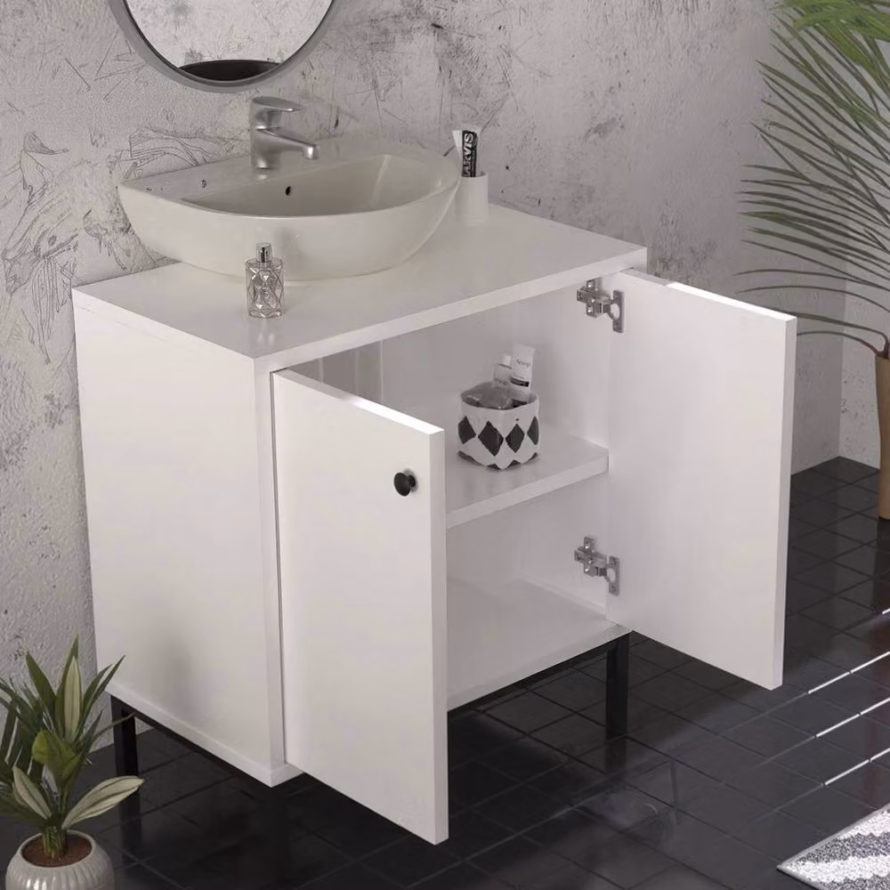 NESTLUNE White Modern Freestanding Under Sink Bathroom Storage Cabinet with Internal Shelves and Hinged Doors – 4