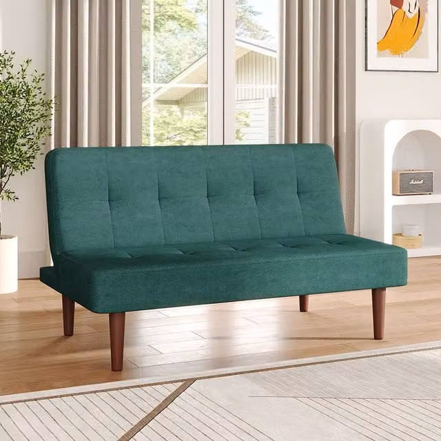 Livingandhome Mid-Century Green Fabric 2-Seater Click-Clack Convertible Sofa Bed with Solid Wood Frame
