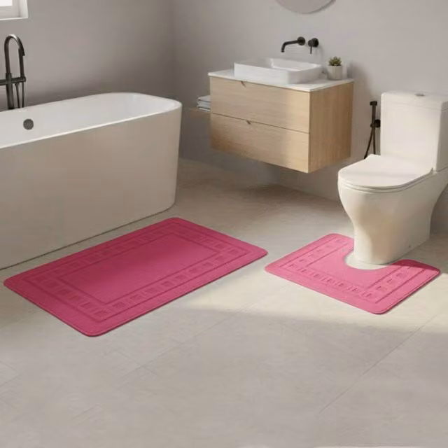 Snug City 2 Piece Box Design Bath Mat Set in Pink, W: 50 cm x L: 80 cm