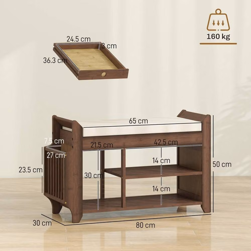 VOGREX Modern Brown and Beige Cushioned Shoe Bench with Back Panel, W: 80 cm, H: 50 cm, D: 30 cm – 2