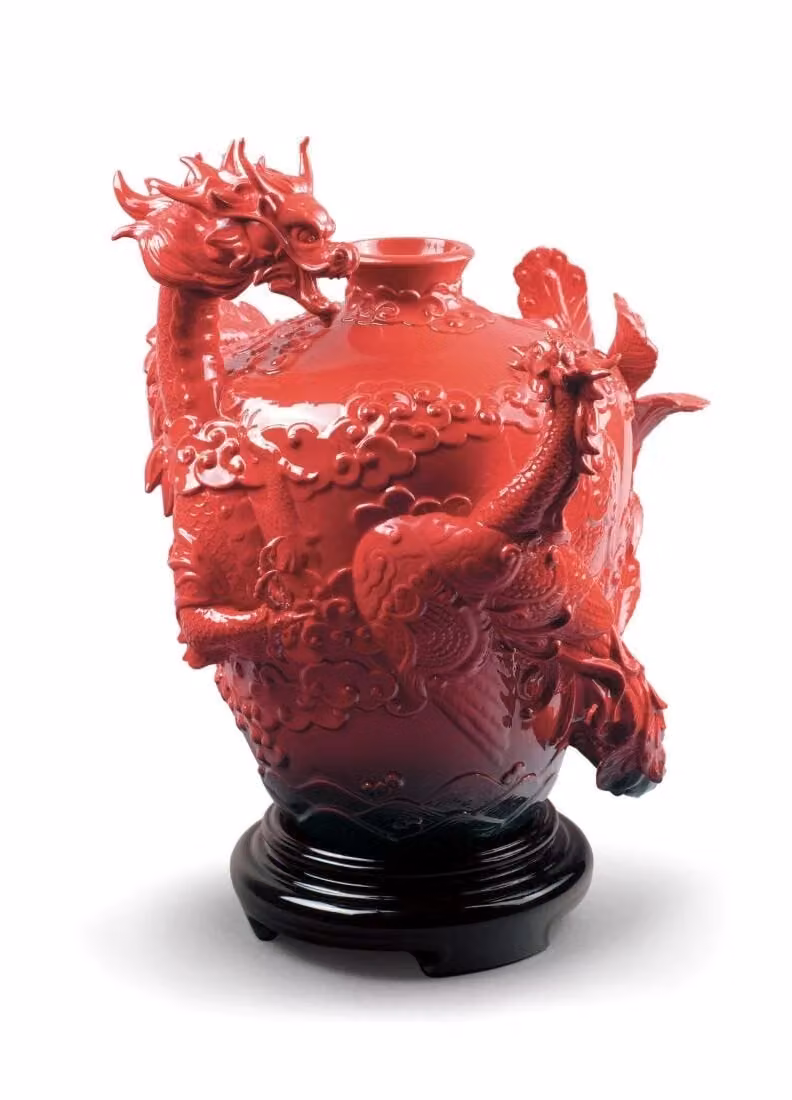 Lladró Dragon and Phoenix Porcelain Vase in Red and Black