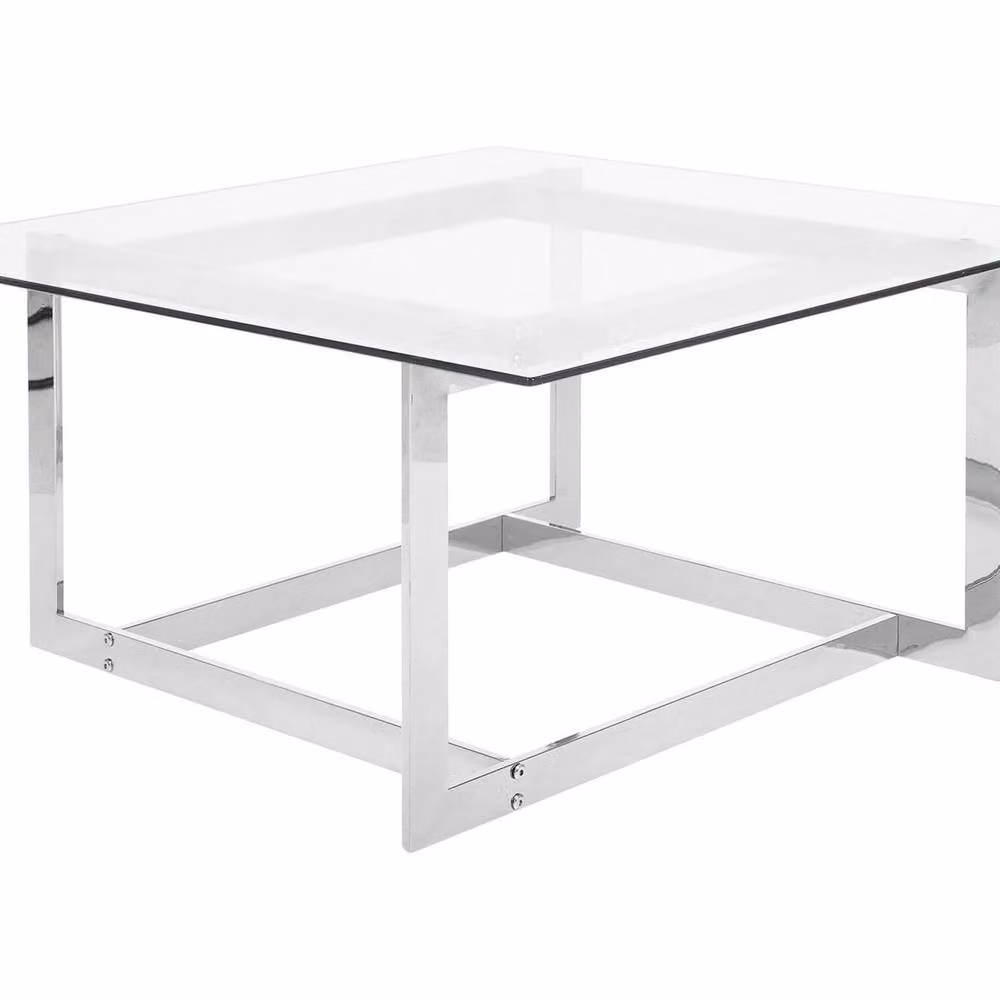Wyld and Coco Silver Square Coffee Table with Transparent Tempered Glass Top and Polished Metal Base, W/D/H: 80 x 80 x 40 cm – 2