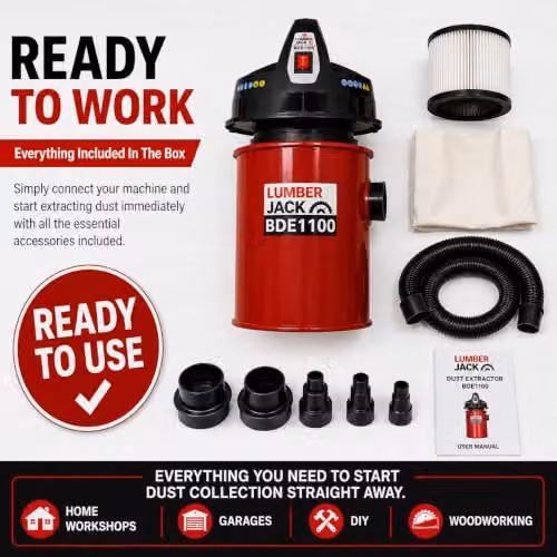 Lumberjack 1100W Woodworking Dust Collector with 50L Drum in Red, W: 100 cm, D: 40 cm, H: 40 cm – 12