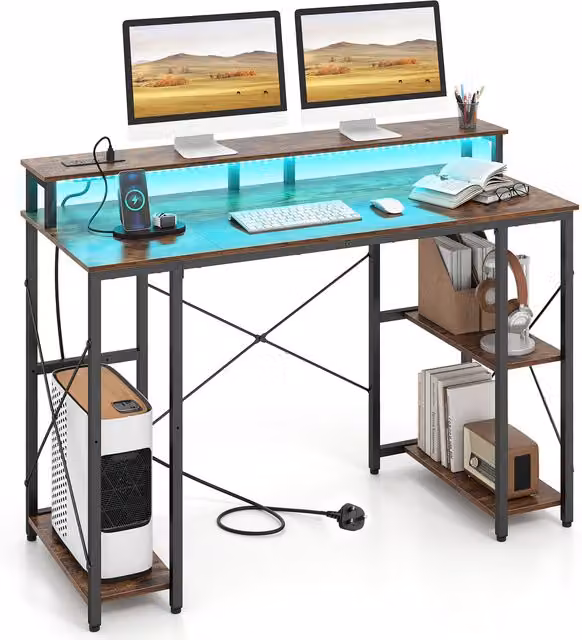 COSTWAY Brown Industrial Gaming Computer Desk with Charging Station and X-Frame Design, Width: 120 cm
